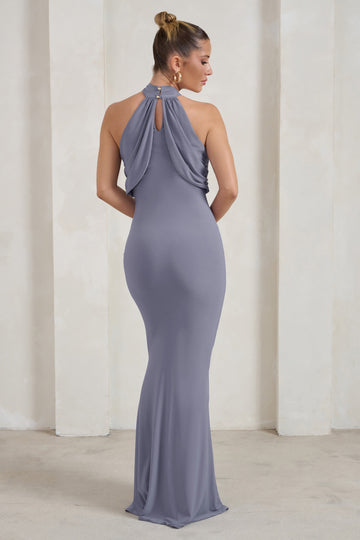 Genevieve Grey Twist High Neck Drape Detail Maxi Dress